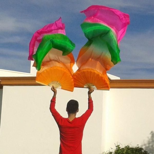 Éventails Chinois de Danse Oranges Verts et Roses