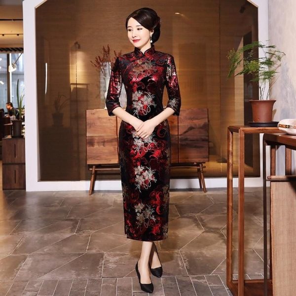 Robe Chinoise Velours Rouge