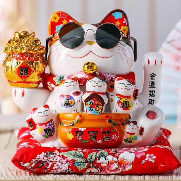 Statuette Chat Chinois Porte-Bonheur avec Bras Mobile