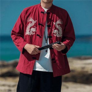 Veste Chinoise Homme Dragon Blanc